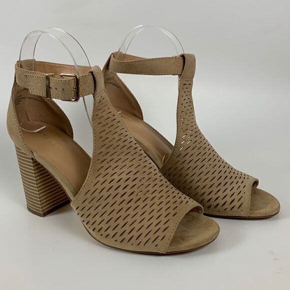 EXPRESS chunky block heel shoes tan size 8 peep toe - Picture 4 of 8